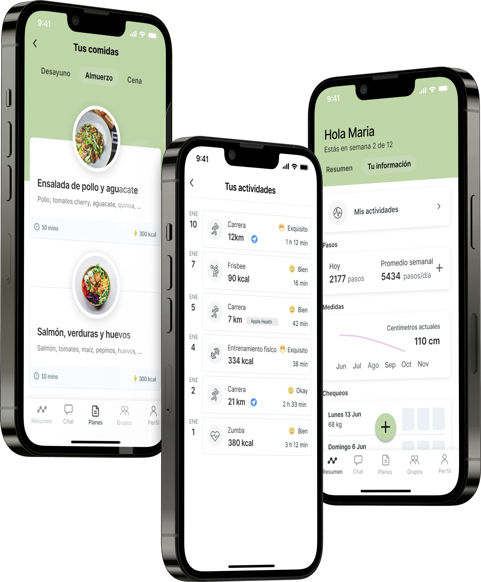 Un mockup de la app de coaching mostrando las funciones.
